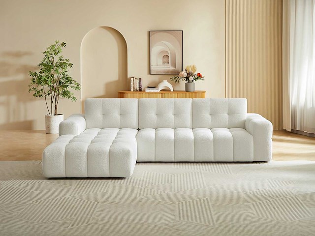 Canapé d'angle gauche en tissu bouclette blanc - afbeelding 7 van  8