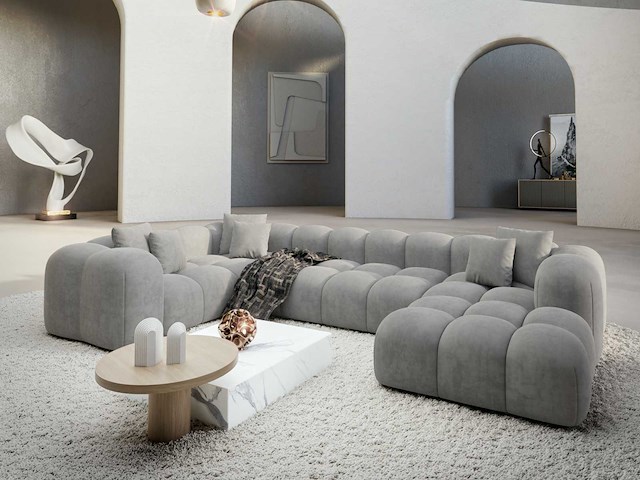 Canapé d'angle panoramique droit - velours gris clair - afbeelding 1 van  8