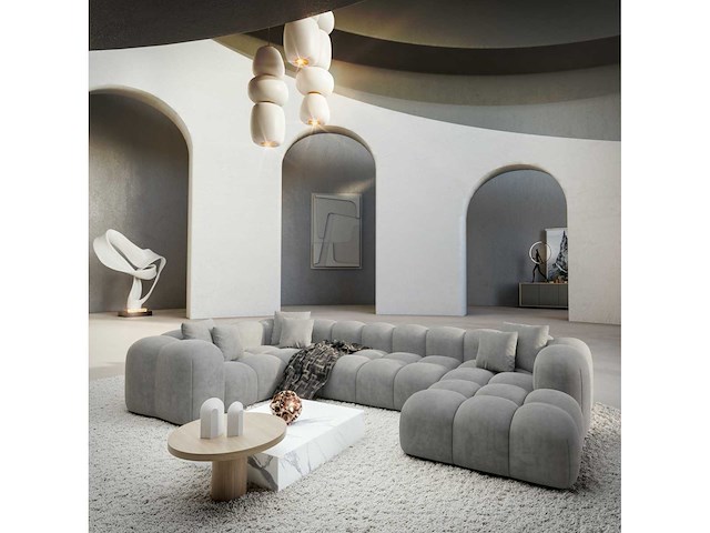 Canapé d'angle panoramique droit - velours gris clair - afbeelding 2 van  8