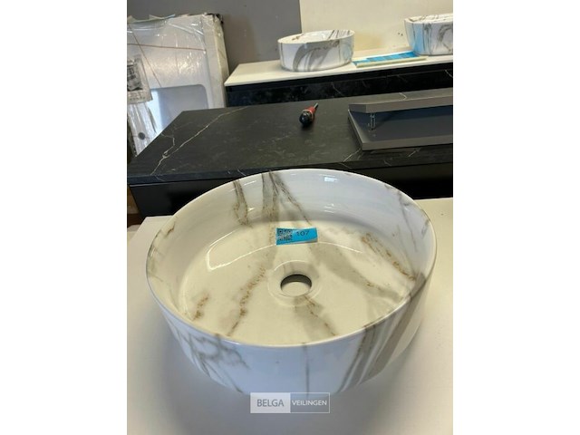 Ceramiek wastafel met marmerlook - afm ø36x12 cm - afbeelding 1 van  2
