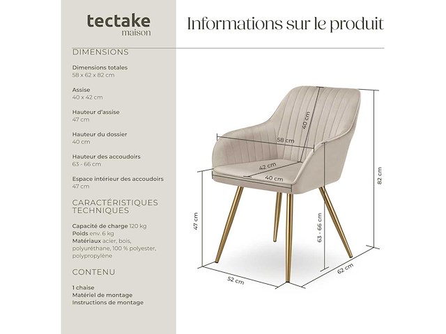 Chaise de salle à manger rembourrée - taupe et or (x6) - afbeelding 5 van  10