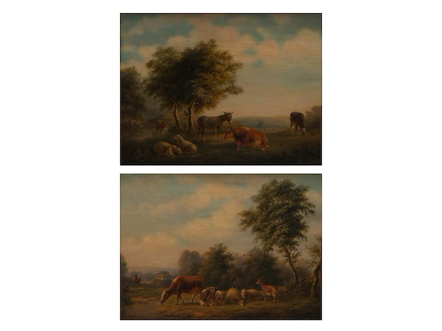 Charles de san (xix), pair of pendant paintings with resting cattle, 1844, oil on canvas 28 x 36 cm. (11.01 x 14.16 in.), frame: 36.5 x 44 cm. (14.36 x 17.32 in.) - afbeelding 1 van  8