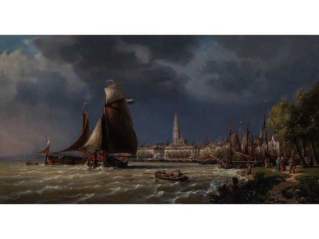 Charles euphrasie kuwasseg (1833/38-1904), panorama of the harbour of antwerp, 1872, oil on canvas 59 x 100 cm. (23.23 x 39.36 in.), frame: 75 x 119 cm. (29.53 x 46.85 in.) - afbeelding 1 van  6