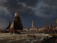 Charles euphrasie kuwasseg (1833/38-1904), panorama of the harbour of antwerp, 1872, oil on canvas 59 x 100 cm. (23.23 x 39.36 in.), frame: 75 x 119 cm. (29.53 x 46.85 in.)