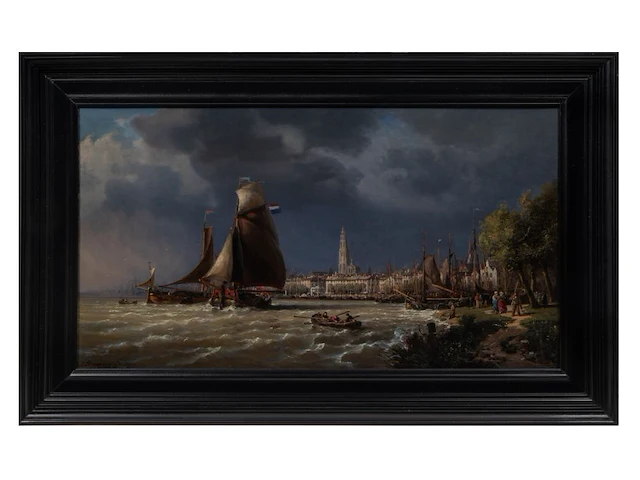 Charles euphrasie kuwasseg (1833/38-1904), panorama of the harbour of antwerp, 1872, oil on canvas 59 x 100 cm. (23.23 x 39.36 in.), frame: 75 x 119 cm. (29.53 x 46.85 in.) - afbeelding 2 van  6