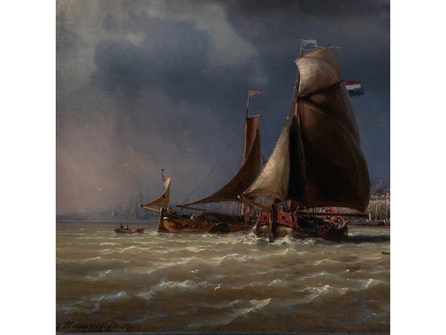 Charles euphrasie kuwasseg (1833/38-1904), panorama of the harbour of antwerp, 1872, oil on canvas 59 x 100 cm. (23.23 x 39.36 in.), frame: 75 x 119 cm. (29.53 x 46.85 in.) - afbeelding 5 van  6