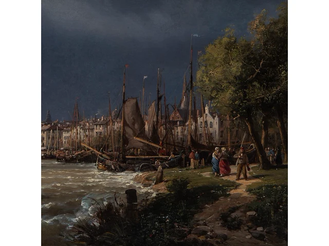 Charles euphrasie kuwasseg (1833/38-1904), panorama of the harbour of antwerp, 1872, oil on canvas 59 x 100 cm. (23.23 x 39.36 in.), frame: 75 x 119 cm. (29.53 x 46.85 in.) - afbeelding 6 van  6