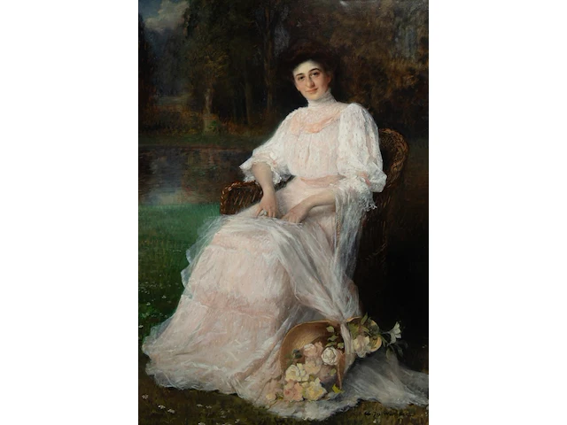 Charles joseph watelet (1867-1954), the full-length portrait of a lady in a garden setting, oil on canvas 180 x 125 cm. (70.87 x 49.21 in.), frame: 215 x 160 cm. (84.65 x 62.99 in.) - afbeelding 1 van  5