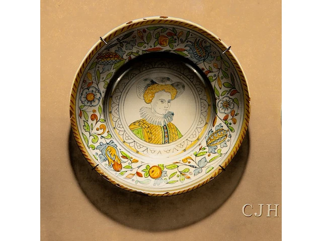 Christopher john harrison (1945), ‘17thc delft plates’, gouache on panel 40 x 95 cm. (15 3/4 x 37.39 in.), frame: 41.5 x 96.5 cm. (16.33 x 37.99 in.) - afbeelding 5 van  6