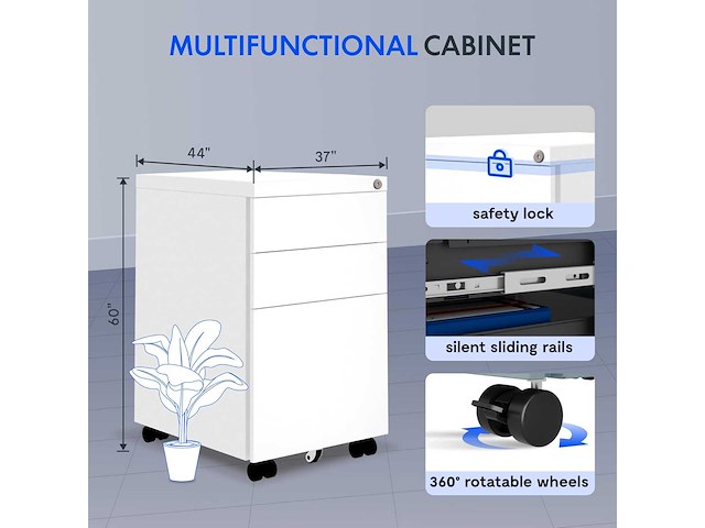 Classeur 3 tiroirs, coffre de bureau à roulettes - afbeelding 3 van  7