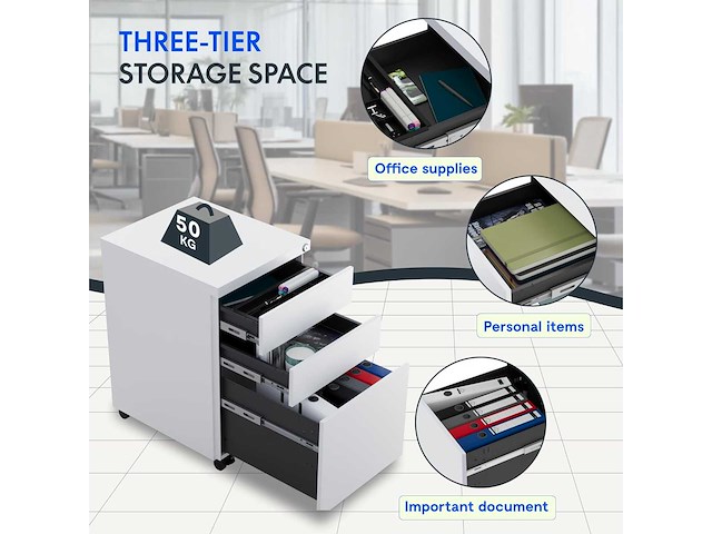 Classeur 3 tiroirs, coffre de bureau à roulettes - afbeelding 5 van  7