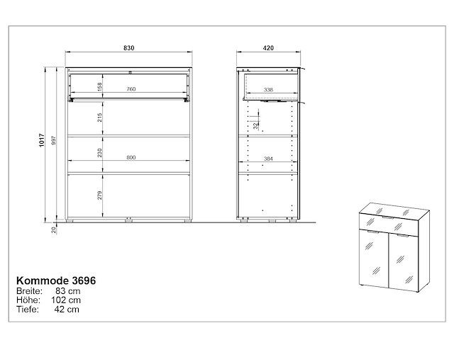 Commode dudek 83cm met 2 deuren & 1 lade - wit - afbeelding 5 van  5