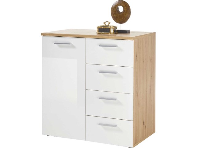 Commode lobi 1 deur 4 lades - glanzend wit/hout - afbeelding 1 van  3