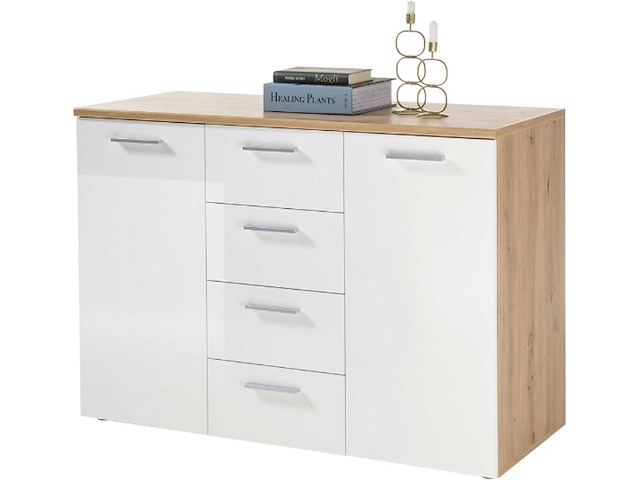 Commode lobi 2 deuren 4 lades - glanzend wit/hout - afbeelding 1 van  4