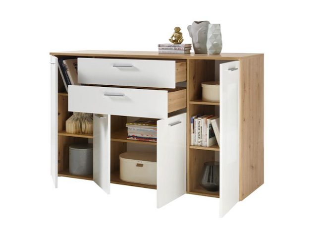 Commode lobi 4 deuren 2 lades - glanzend wit/hout - afbeelding 1 van  3