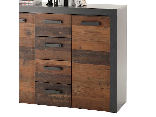 Commode tarma 3 deuren 4 lades - antraciet/oud hout - afbeelding 1 van  2