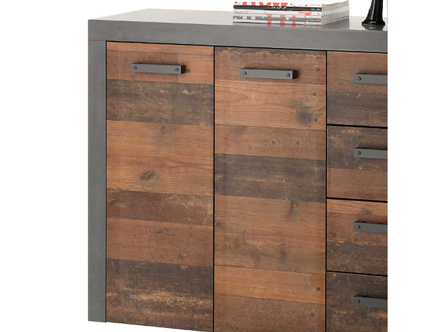 Commode tarma 3 deuren 4 lades - antraciet/oud hout - afbeelding 2 van  2
