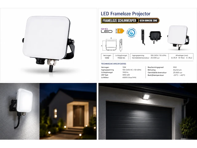 Compacte led frameless floodlight – 10w – 6400k koud wit – ip66 – pegasus-10 (10 stuks) - afbeelding 3 van  5