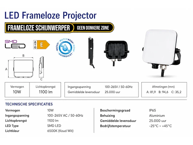 Compacte led frameless floodlight – 10w – 6400k koud wit – ip66 – pegasus-10 (10 stuks) - afbeelding 5 van  5