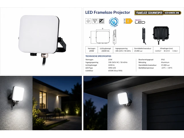 Compacte led frameless floodlight – 20w – 6400k koud wit – ip66 – pegasus-20 (10 stuks) - afbeelding 3 van  5