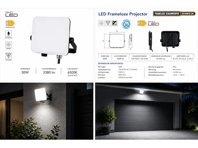 Compacte led frameless floodlight – 30w – 6400k koud wit – ip66 – pegasus-30 (10 stuks) - afbeelding 3 van  5