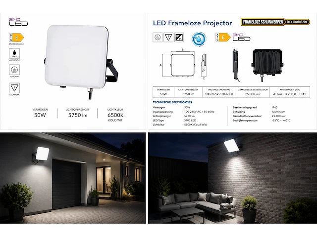 Compacte led frameless floodlight – 50w – 6400k koud wit – ip66 – pegasus-50 (10 stuks) - afbeelding 3 van  5