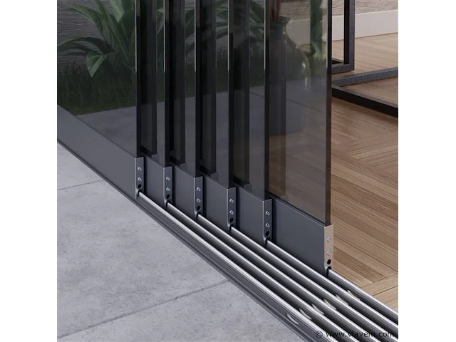Compleet glazen schuifdeursysteem 5 deurs, veiligheidsglas 10 mm, 4680 mm breed, 5 stuks deuren 960 mm 2150 mm hoog, mat zwart ral 9005 - afbeelding 5 van  14