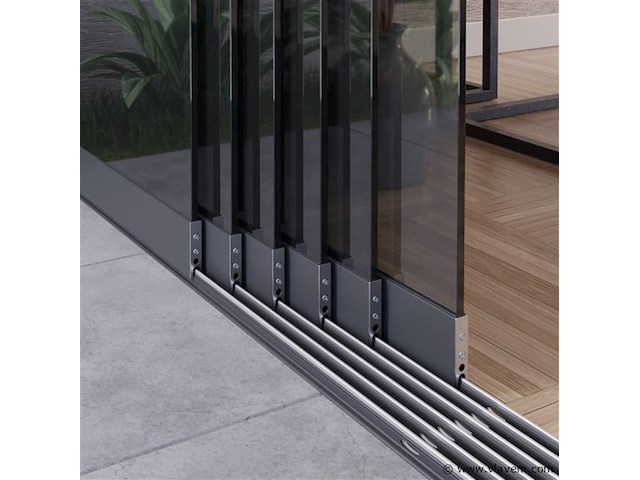 Compleet glazen schuifdeursysteem 6 deurs, veiligheidsglas 10 mm, 6030 mm breed, 6 stuks deuren 1030 mm 2700 mm hoog, antraciet lichtgrijs ral 7016 - afbeelding 5 van  14