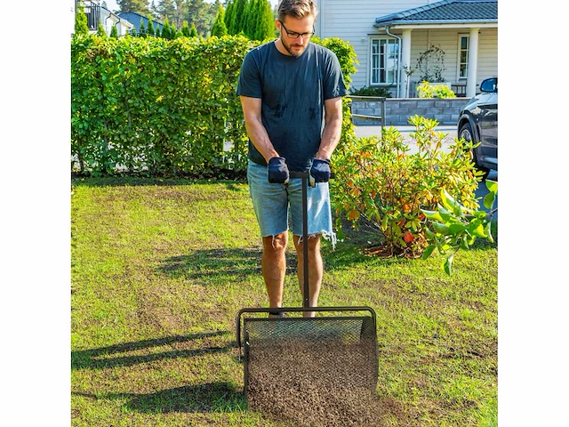 Compostverspreider 75 l gazonspreider met t-handvat draadgaasroller 70 x 40 x 112 cm zwart - afbeelding 1 van  4