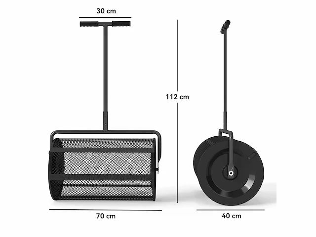 Compostverspreider 75 l gazonspreider met t-handvat draadgaasroller 70 x 40 x 112 cm zwart - afbeelding 2 van  4