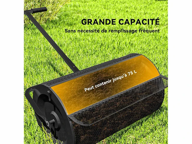 Compostverspreider 75 l gazonspreider met t-handvat draadgaasroller 70 x 40 x 112 cm zwart - afbeelding 3 van  4