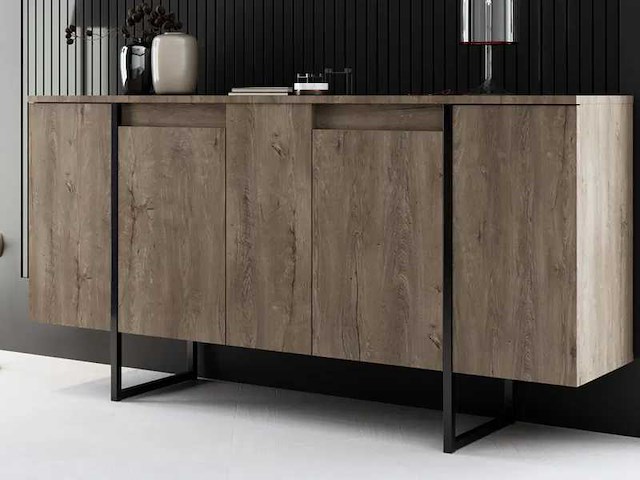 Consoletafel - walnootafwerking en zwarte metalen poten - afbeelding 1 van  9