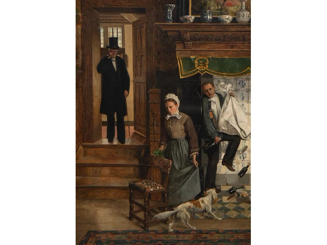 Constant cap (1842-1915), the maid caught in the act, oil on canvas 110 x 80 cm. (43.31 x 31 1/2 in.), frame: 140 x 110 cm. (55.11 x 43.31 in.) - afbeelding 1 van  8