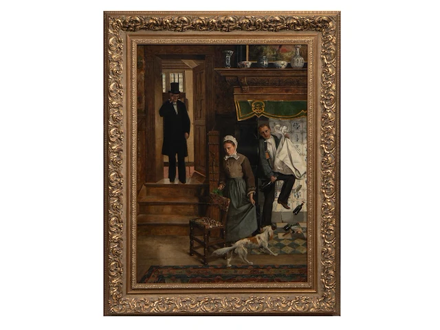 Constant cap (1842-1915), the maid caught in the act, oil on canvas 110 x 80 cm. (43.31 x 31 1/2 in.), frame: 140 x 110 cm. (55.11 x 43.31 in.) - afbeelding 2 van  8