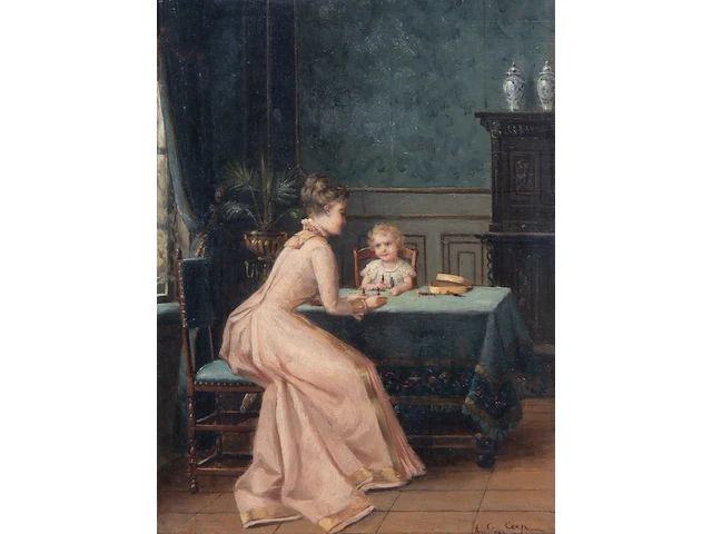 Constant cap (1842-1915), the young mother playing with her child, oil on mahogany 27 x 20.5 cm. (10.63 x 8.07 in.), frame: 49 x 42 cm. (19.28 x 16.53 in.) - afbeelding 1 van  5