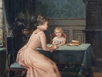 Constant cap (1842-1915), the young mother playing with her child, oil on mahogany 27 x 20.5 cm. (10.63 x 8.07 in.), frame: 49 x 42 cm. (19.28 x 16.53 in.)