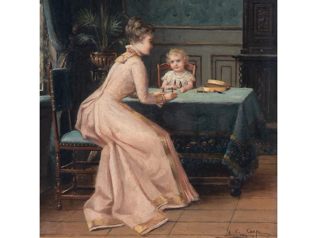 Constant cap (1842-1915), the young mother playing with her child, oil on mahogany 27 x 20.5 cm. (10.63 x 8.07 in.), frame: 49 x 42 cm. (19.28 x 16.53 in.) - afbeelding 5 van  5
