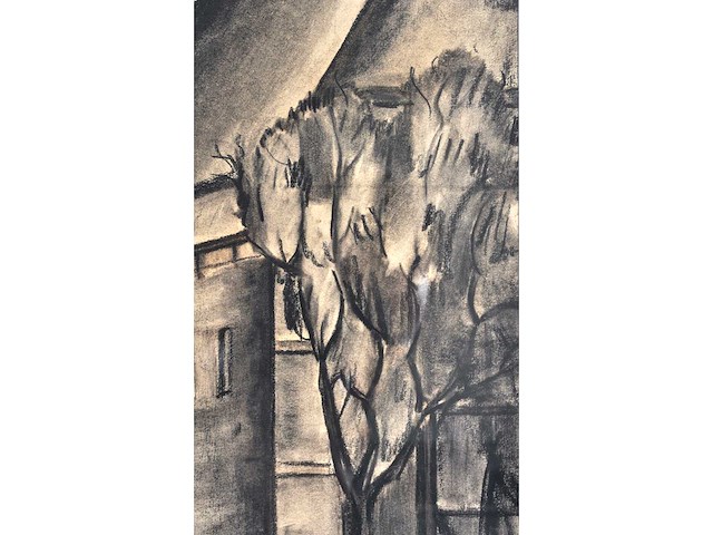 Constant permeke - hoeve tussen de bomen met koe - houtskool en rood krijt - afbeelding 2 van  11