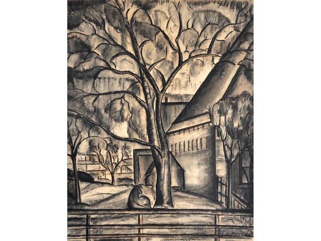 Constant permeke - hoeve tussen de bomen met koe - houtskool en rood krijt - afbeelding 1 van  11