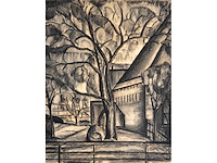 Constant permeke - hoeve tussen de bomen met koe - houtskool en rood krijt