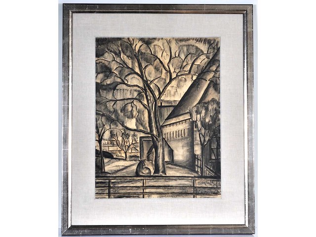 Constant permeke - hoeve tussen de bomen met koe - houtskool en rood krijt - afbeelding 5 van  11