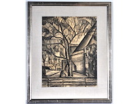 Constant permeke - hoeve tussen de bomen met koe - houtskool en rood krijt - afbeelding 5 van  11