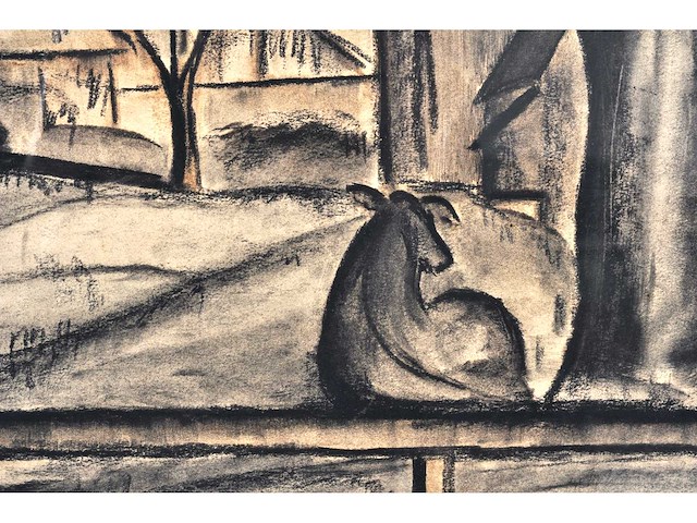 Constant permeke - hoeve tussen de bomen met koe - houtskool en rood krijt - afbeelding 6 van  11