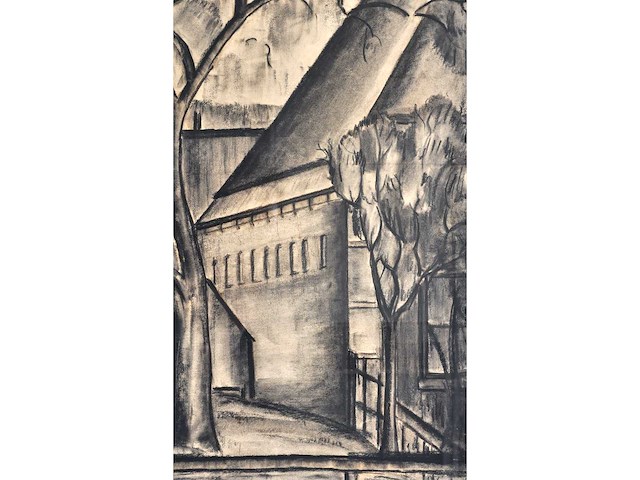 Constant permeke - hoeve tussen de bomen met koe - houtskool en rood krijt - afbeelding 7 van  11