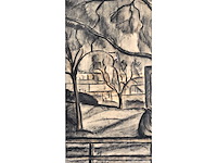 Constant permeke - hoeve tussen de bomen met koe - houtskool en rood krijt - afbeelding 8 van  11