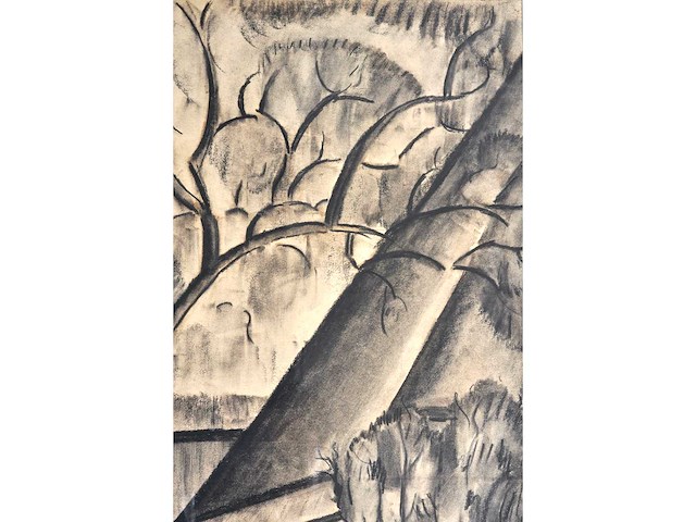 Constant permeke - hoeve tussen de bomen met koe - houtskool en rood krijt - afbeelding 10 van  11