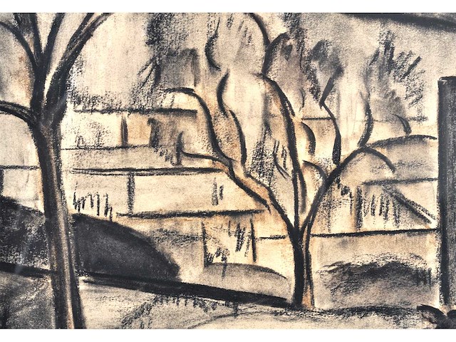 Constant permeke - hoeve tussen de bomen met koe - houtskool en rood krijt - afbeelding 11 van  11