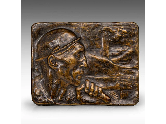 Constantin meunier (1831-1905), 'the miner' or the 'taymans plaquette', patinated plaster plaque 17 x 22 cm. (6.69 x 8.66 in.) - afbeelding 1 van  4
