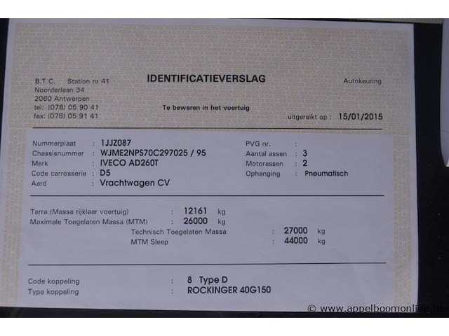 Container vrachtwagen iveco, ad 260t, wjme2nps70c297025, 1e insch 07/01/2015, 8710cm³, 265kw, diesel, euro 6, 129747km vlgs ltst keuring (2026), inschrijvingsbewijs deel i en ii, keuringsbewijs, gelijkvormigheidsattest, identificatieverslag - afbeelding 5 van  17