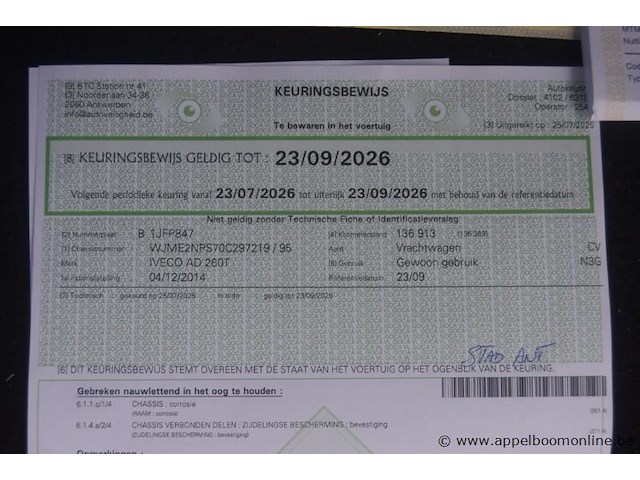 Container vrachtwagen iveco, ad 260t, wjme2nps70c297219, 1e insch 04/12/2014, 8710cm³, 265kw, diesel, euro vi, 136913km vlgs ltst keuring (2023), inschrijvingsbewijs deel i en ii, keuringsbewijs, gelijkvormigheidsattest, identificatieverslag - afbeelding 5 van  19